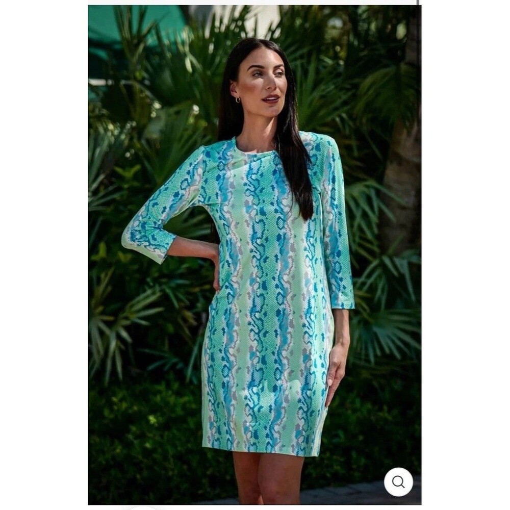 Jean-Pierre Klifa Daphne Dress Size M Aqua Snake 3/4 Sleeve Shift Knee Length
